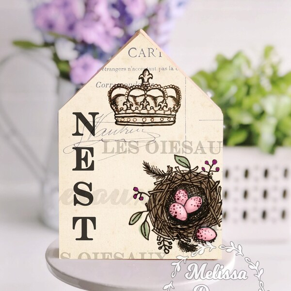 Tier Tray Signs / Nest Art / Crown Art / pairs with Rae Dunn / Shelf Sitter / Pink Eggs and Nest / Vintage Birds Nest / French Country Art