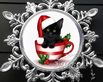 Personalized Cat Ornament / Black Cat Ornament / Custom Cat Ornament / Cat Christmas Ornament / Santa Cat / Black Kitten Ornament