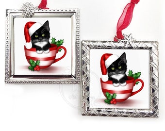 Black and White Cat / Tuxedo Cat Ornament / Custom Cat Ornament / Cat Ornament / Cat Lovers Gift / Santa Cat Ornament / Tuxedo Ornament