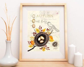 Autumn Bird Art / Bird Art Prints / Bird and Nest Art / Fall Nest Art Print / Autumn Nest Art / Vintage Bird Art Print / Vintage Nest Art