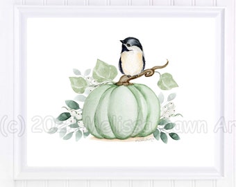 Bird Art / Neutral Bird Art / Bird Art Prints / Neutral Fall Art/ Farmhouse Fall Print / Bird and Pumpkin Art / Vintage Bird Art Print