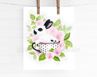 Personalized Bunny Art / Easter Bunny Art / White Rabbit Art / English Spot Rabbit / Spring Bunny Art / Custom Bunny Gift / Bunny in Flower