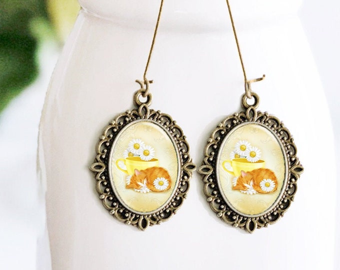 Cat Earrings Orange Cat Earrings Tea Earrings Cat Jewelry Gifts for Women Orange Cat Gift for Cat Lover Chamomile Tea Kitten