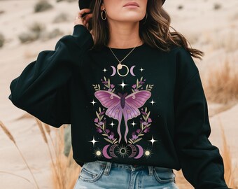 Rose Pink Moon Moth Gothic Cottagegoth Dark Cottagecore Flowers Witchy Whimsigoth Boho Celestial Crewneck Sweatshirt Moon Moth Sweatshirt