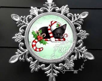 Ornamento gatto personalizzato / Ornamento gatto nero / Arte gatto nero / Ornamento natalizio gatto / Ornamento / Natale bastoncino di zucchero / Ornamento fiocco di neve