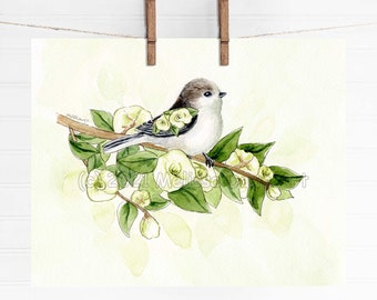 Neutral Bird Art / Bird and Flowers Art / Bird / Watercolor Bird / Watercolor Flowers / Spring Art Prints / Bird Art Prints / Bird Wall Art