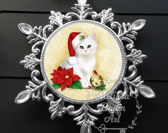 Personalized Cat Ornament / White Cat Ornament / Custom Cat Ornament / White Cat Art / White Cat Christmas Ornament / Santa Cat / Cat Art