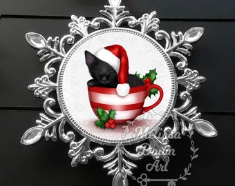 Ornamento gatto personalizzato / Ornamento gatto nero / Ornamento gatto personalizzato / Arte gatto nero / Ornamento natalizio gatto / Gatto di Babbo Natale / Gatto con cappello di Babbo Natale