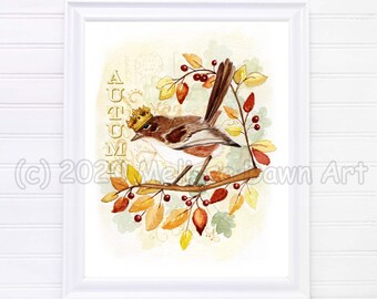 Fall Art / Autumn Art / Bird Art / Watercolor Bird / Wren Bird / Fall / Personalized Art / Custom Art / Bird with Crown / Autumn Splendor