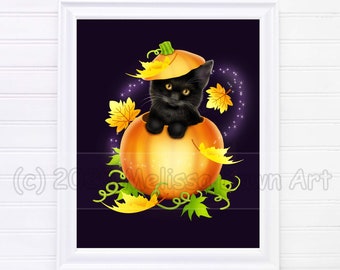 Halloween Art / Autumn Art / Cat Art / Halloween Cat / Cat Lover Gift / Personalized Cat Art / Custom Cat Gift / Black Cat / Pumpkin Breeze