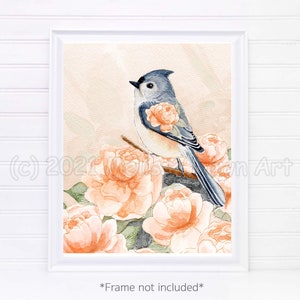 Tufted Titmouse Art / Bird and Flowers Art / Bird Art / Watercolor Bird / Watercolor Flowers / Peony Art / Bird Art Prints / Bird Wall Art