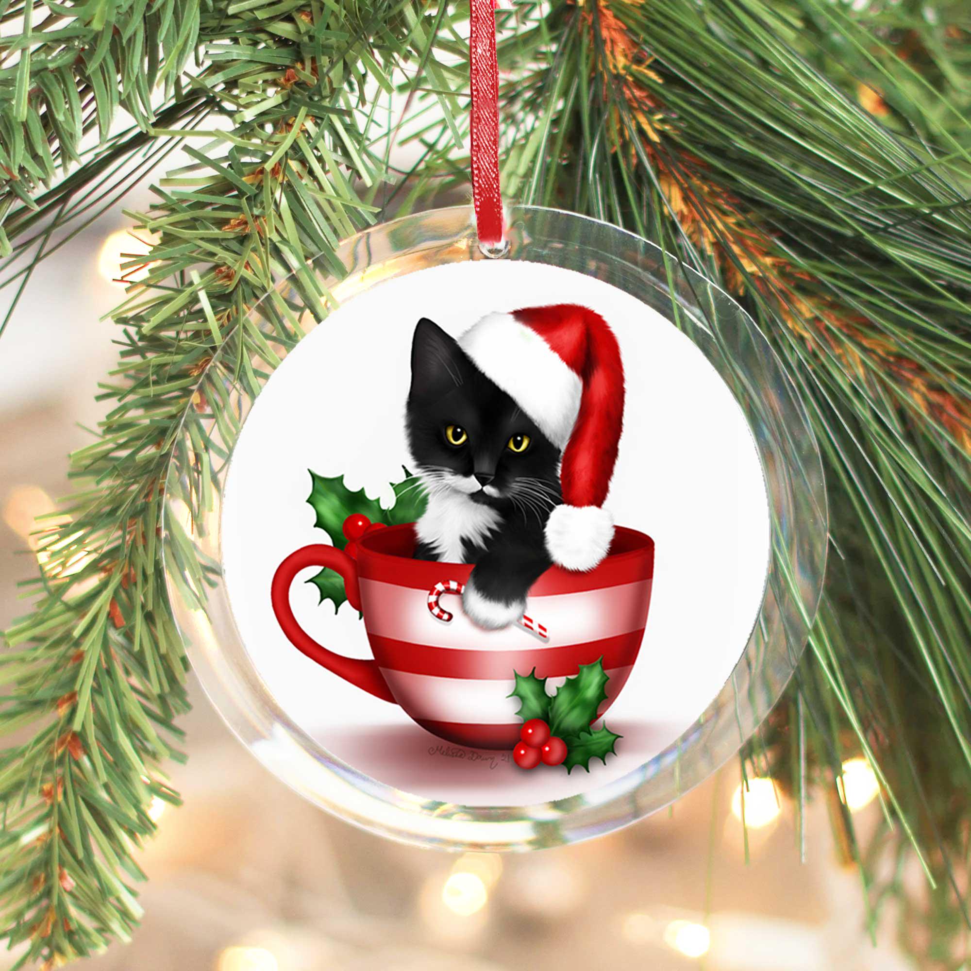 Tuxedo with mustache / Tuxedo Cat Ornament / Cat Lover Gift / Santa Cat Ornament / Christmas Ornament / Santa Cat Ornament / Tuxedo Cat
