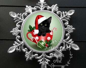 Personalized Black Cat Ornament / Black Cat Ornament / Custom Cat Ornament / Black Cat Christmas Ornament / Santa Cat / Cat in Santa Hat