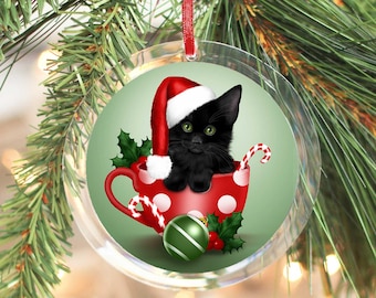 Black Cat Ornament / Custom Cat Ornament / Cat Christmas Ornament / Personalized Cat Ornament / Black Kitten Ornament / Santa Cat Black Cat