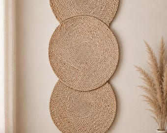 Set of 3 Woven Seagrass Wall Baskets, 50cm Round Rattan Hanging Decor