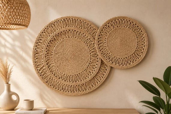 Set of 2 Woven Wall Hangings, Natural Fiber Boho Farmhouse Decor