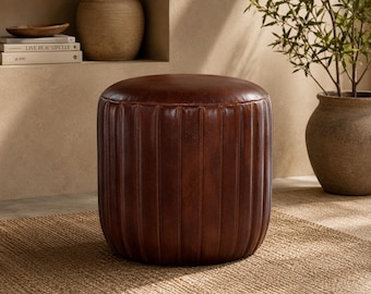 Pouf ottomano in pelle marrone fatto a mano / Pouf rotondo moderno / Elegante complemento d'arredo per il soggiorno