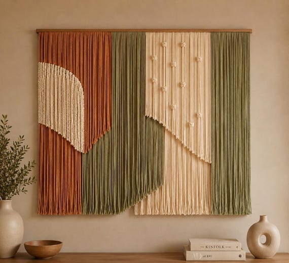 Large Boho Macrame Wall Hanging, Geometric Fiber Art, Earth Tone Textile Decor