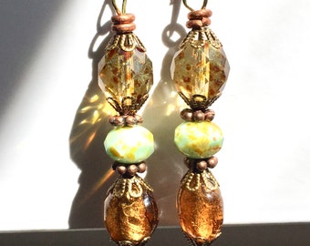 Handmade Boho Czech Glass Bead Dangle Earrings: Earthy Bronze Copper