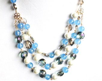Handmade Blue Crystal Pearl Necklace: Multi Strand Beaded Jewelry