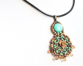 Handmade Beaded Mandala Pendant Necklace: Boho Leather Cord Jewelry
