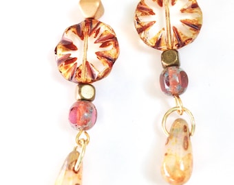 Czech Glass Beaded Dangle Earrings: Long Boho Brass Jewelry
