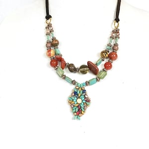 Czech Bead Pendant Necklace: Leather Cord, Handmade Statement Jewelry