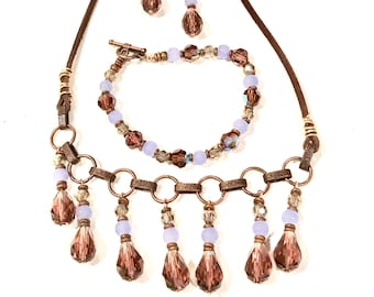 Handmade Purple Crystal Jewelry Set: Copper & Leather Necklace, Bracelet, Earrings