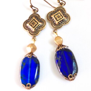Czech Glass Dangle Earrings: Long Cobalt Blue, Moroccan Brass