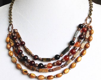 Handmade Bead Necklace for Women, Multi strand Jasper carnelian Necklace, Artisan Crafted Necklace, Copper Chain Necklace, Gift for Her