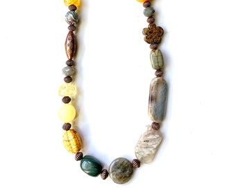 Handmade Gemstone Statement Necklace: Jasper, Quartz, Labradorite, Boho Style