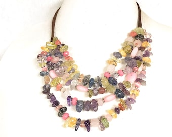 Bib Necklace for women, Handmade Bib Pink purple Jewelry Necklace, Colorful Multi strand Necklace, Pink Gemstone Necklace/ Statement Gift