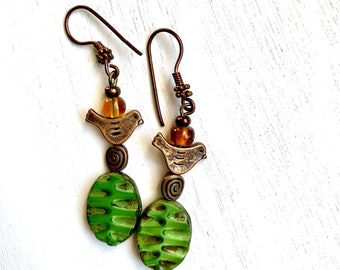 Green Czech Glass Dangle Earrings: Boho Bird Drop Jewelry