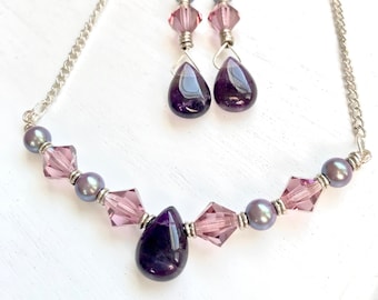 Handmade Amethyst Teardrop Necklace and Earrings Set