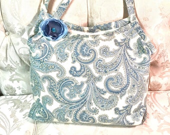 Handmade Fabric Bag,  Shoulder Floral Handbag, Blue PaisleyTote Bag, Every day Design,  Canvas Floral Bag .
