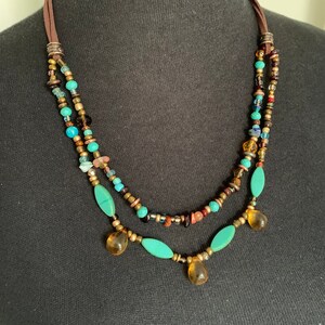 Czech Glass Bead Multi-Strand Necklace: Handmade Leather Boho Jewelry