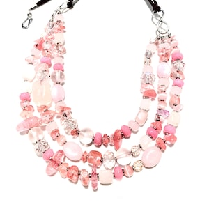 Handmade Pink Gemstone Bib Necklace: Quartz & Tourmaline, Leather Cord