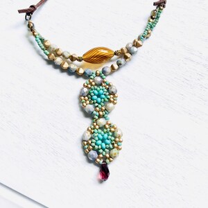 Handmade Czech Glass Bead Pendant Necklace: Boho Leather Cord, 18 inch