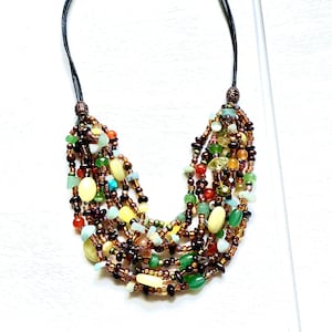 Gemstone Bib Necklace: Handmade Multi Strand Leather Cord Statement Jewelry