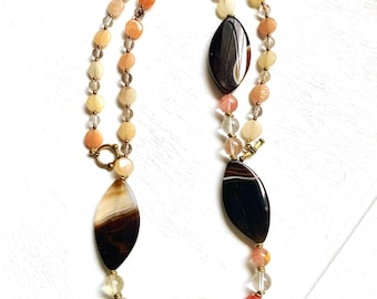Long Beaded Gemstone Necklace: Handmade Agate & Quartz Statement Jewelry