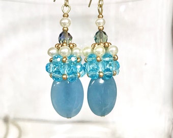 Handmade Aquamarine Bead Earrings: Crystal & Pearl Dangle Earrings