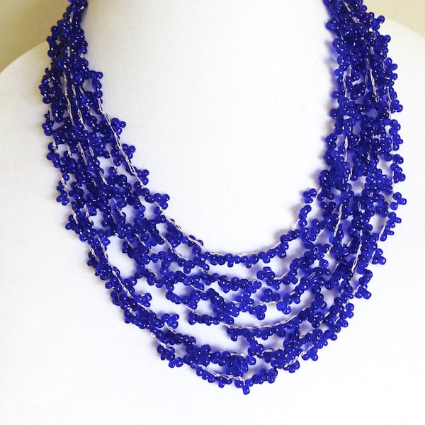 Handmade Crochet Cobalt Blue Beaded Necklace: Multi Strand Jewelry