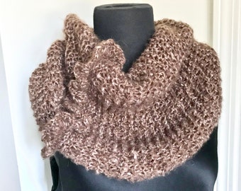 Hand Knitted Alpaca Infinity Scarf - Brown Ruffle Design