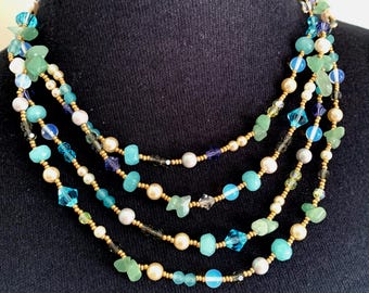 Aquamarine Multi-Strand Necklace: Gemstone, Pearl, Crystal, Jade