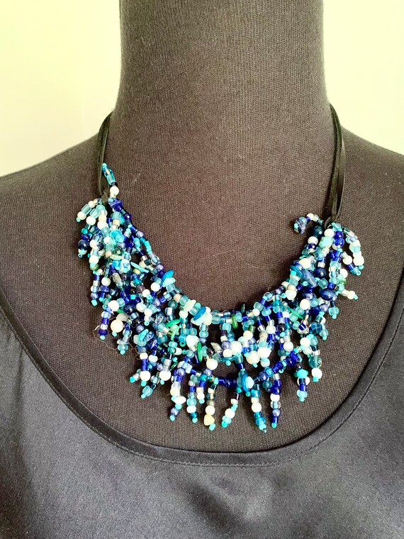 Handmade Blue Glass Bead Necklace: Boho Leather Cord Statement
