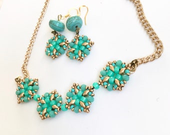Blue Turquoise Jewelry Set, Boho Necklace Earring set, Handmade one of a kind jewelry, Chain Necklace and Drop Earrings, gift for her