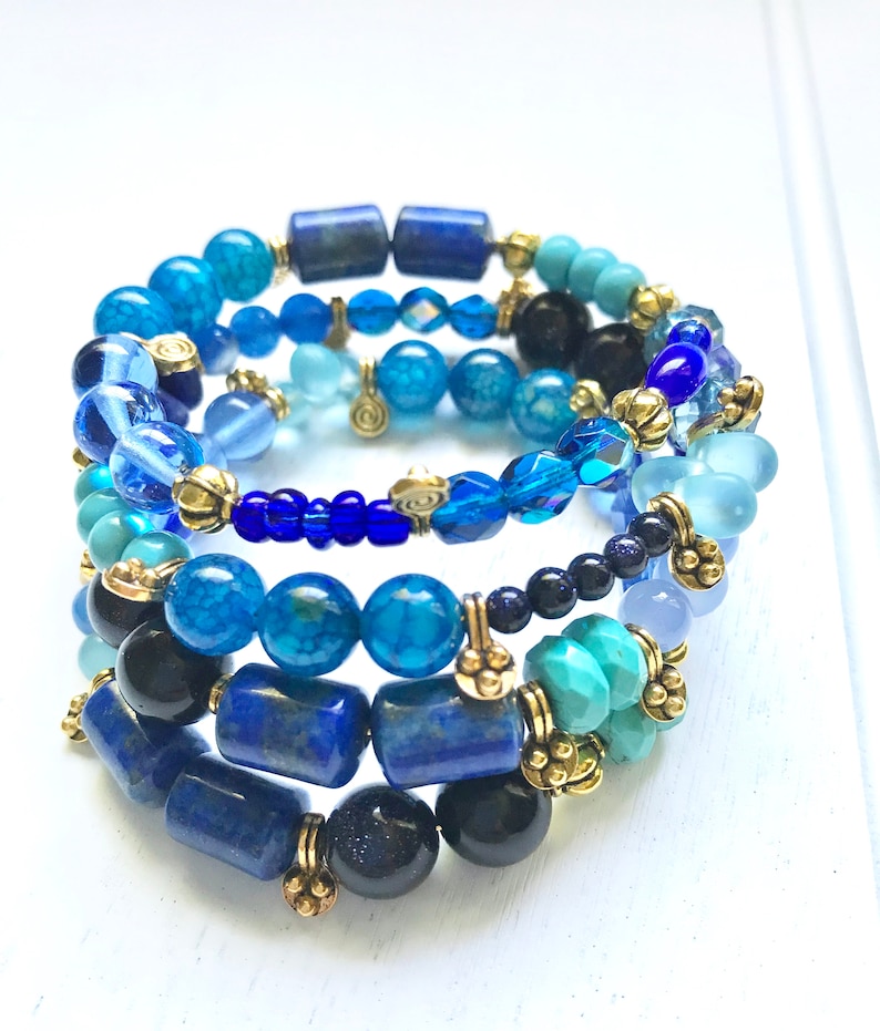 Blue Memory Wire Bracelet Layering Bracelet Boho Bracelet Blue Etsy