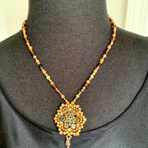 Earthy Golden Bead Pendant Necklace: Boho Artisan Czech Glass
