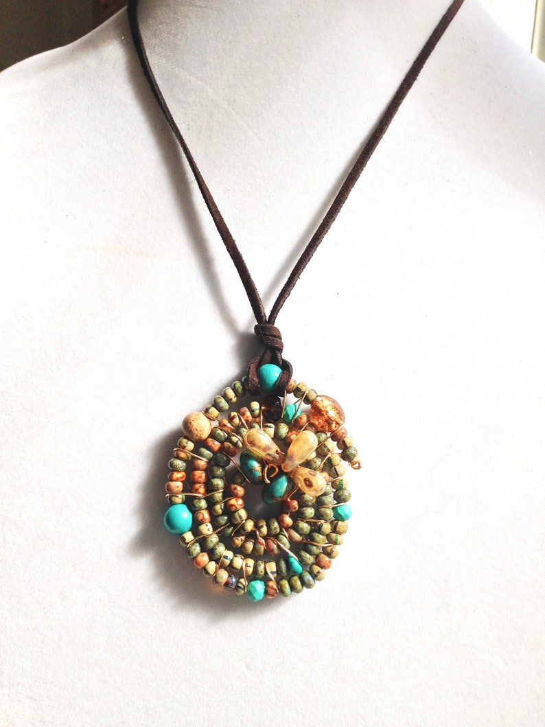 Gift for Her Necklace Boho One of a Kind Mandala Pendant Necklace SALE Handmade Beaded Pendant Necklace Leather necklace