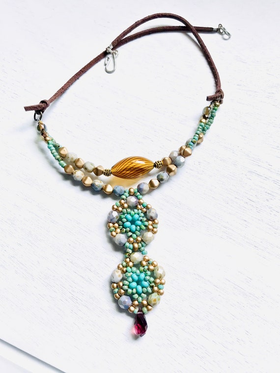 Handmade Czech Glass Bead Pendant Necklace: Boho Leather Cord, 18